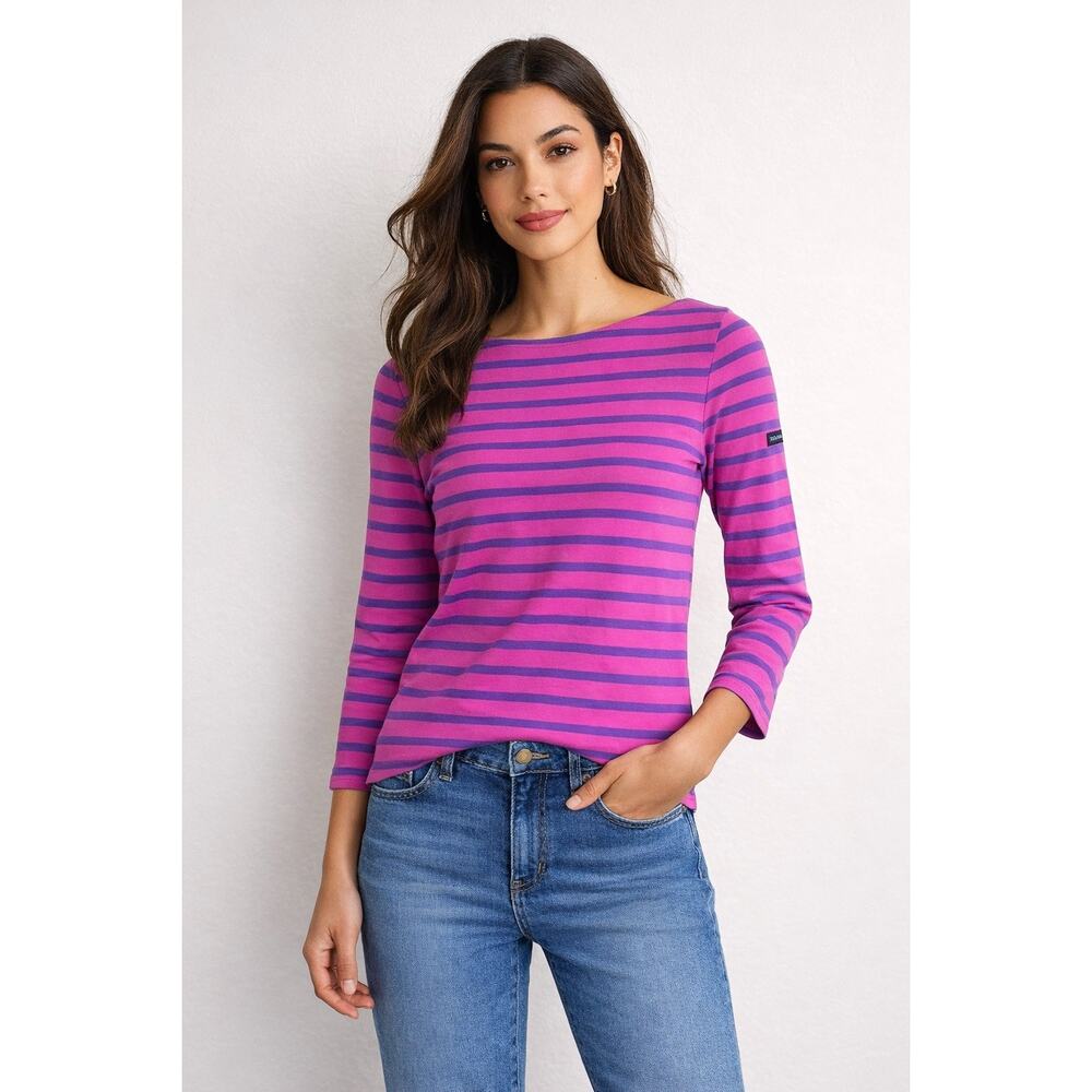Saint James Pink Purple Striped Shirt Womens XS Boat Neck 3/4 Sleeve Cotton
